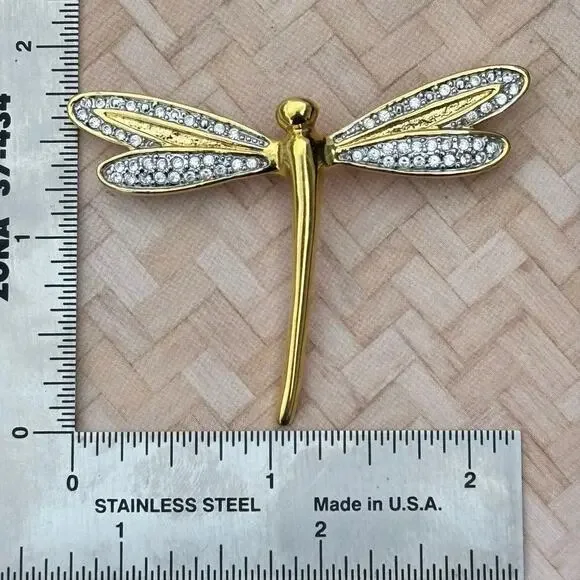 Vintage Gold Tone Rhinestone Dragonfly Brooch Pin - Picture 5 of 6